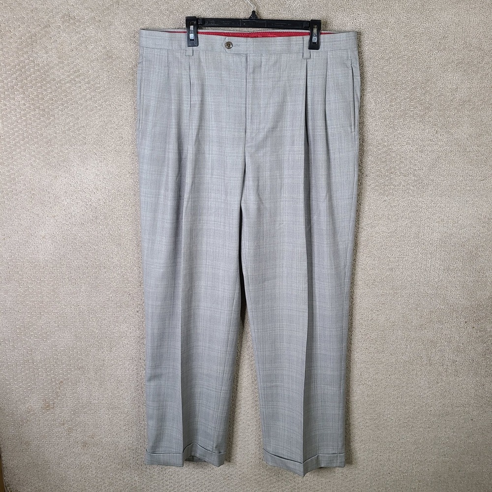 FUBU Pants Mens 38x32 Gray Plaid 100% Wool Pleated Cuffed Dress Trouser Slacks